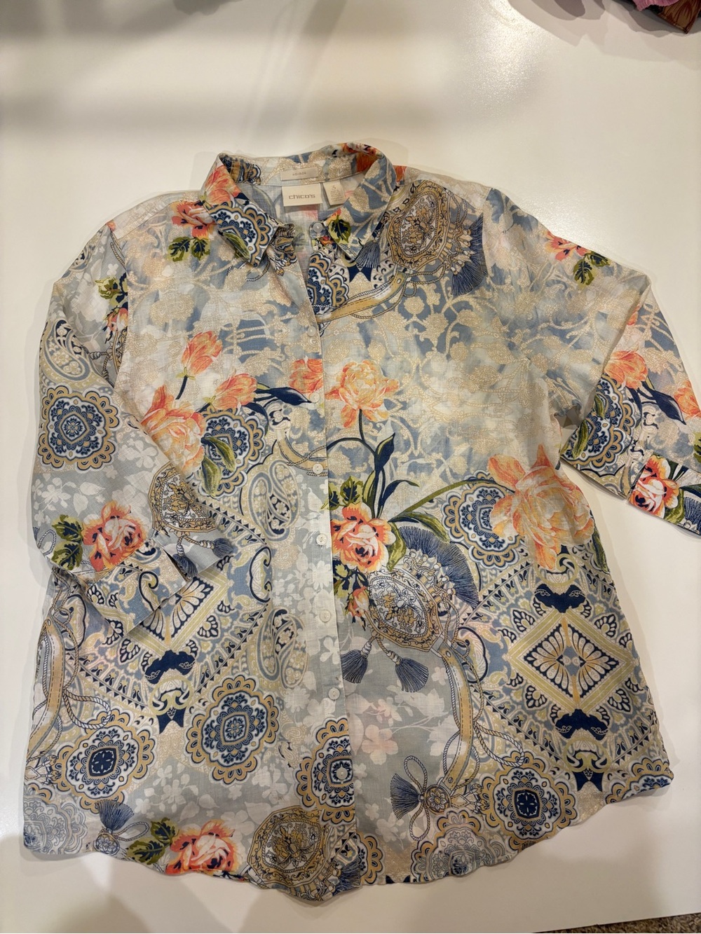 Chicos Linen Paisley Tunic Button-Up Shirt Lagan look Summer Lightweight